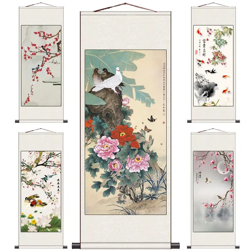 

Peach Blossoms, Flying Swallows, Pines and Cranes, Wall Picture Scroll, Flowers Birds Canvas Decorative Paintings Art