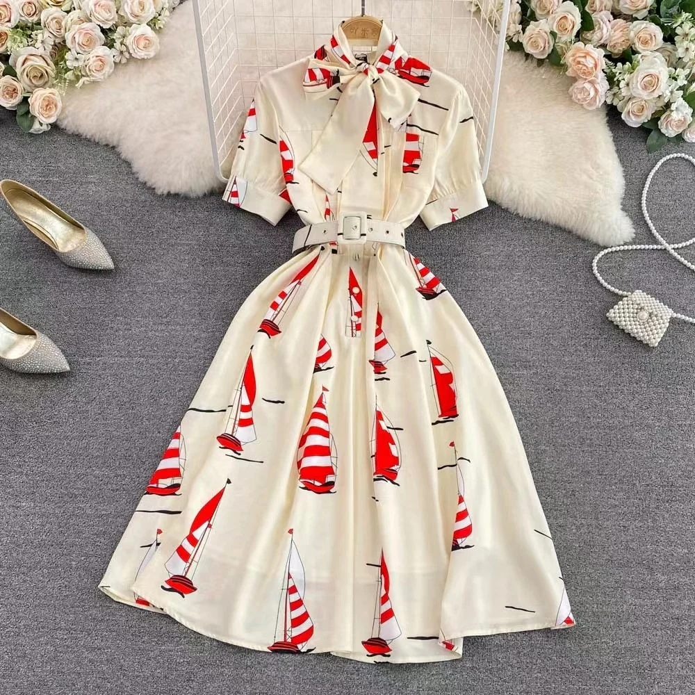 

Fashion Light Luxury Stand Collar Bow Wrapped Waist Print A-Line Dress Women's Summer Casual Elegant Large Swing Long Dress