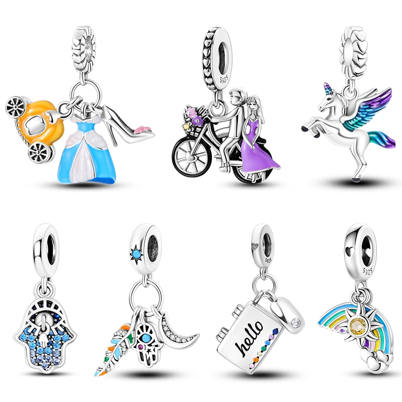 

925 Sterling Silver Princess Horse Rainbow Bicycle Charm Bead Fit Pandora 925 Originals Bracelets Valentine's Day Jewelry Gift