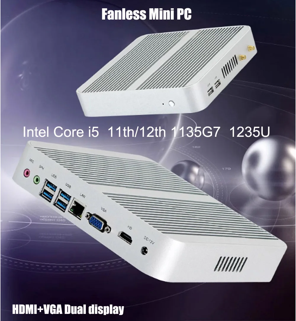 

Classics Fanless Mini PC Intel 11th/12th Gen i5 1135G7 1235U HDMI VGA Dual Display NUC Computer Windows 11 Desktop HTPC LAN USB