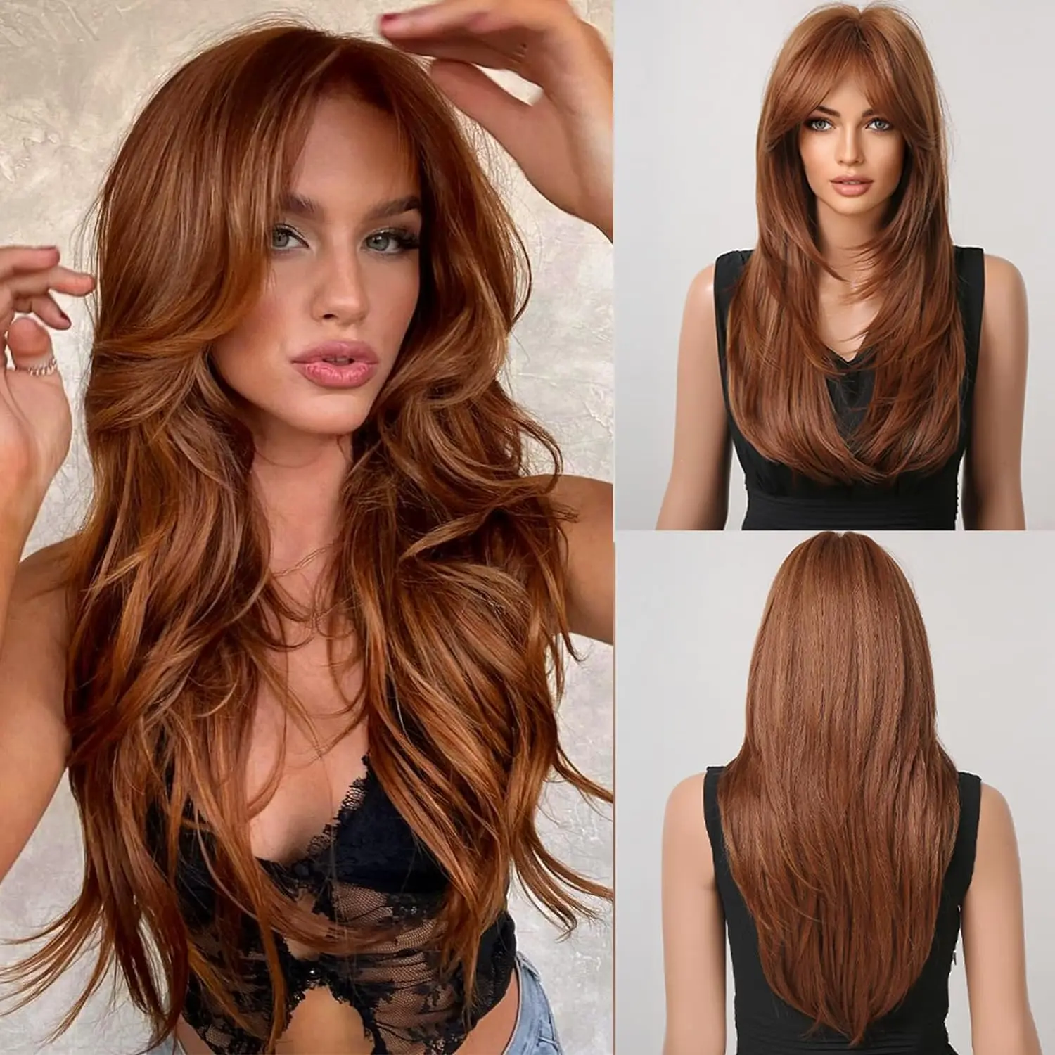 

LOUIS FERRE Long Ginger Brown Layered Synthetic Wigs With Bangs Auburn Straight Wig for Women Natural Cooper Daily Cosplay Hair