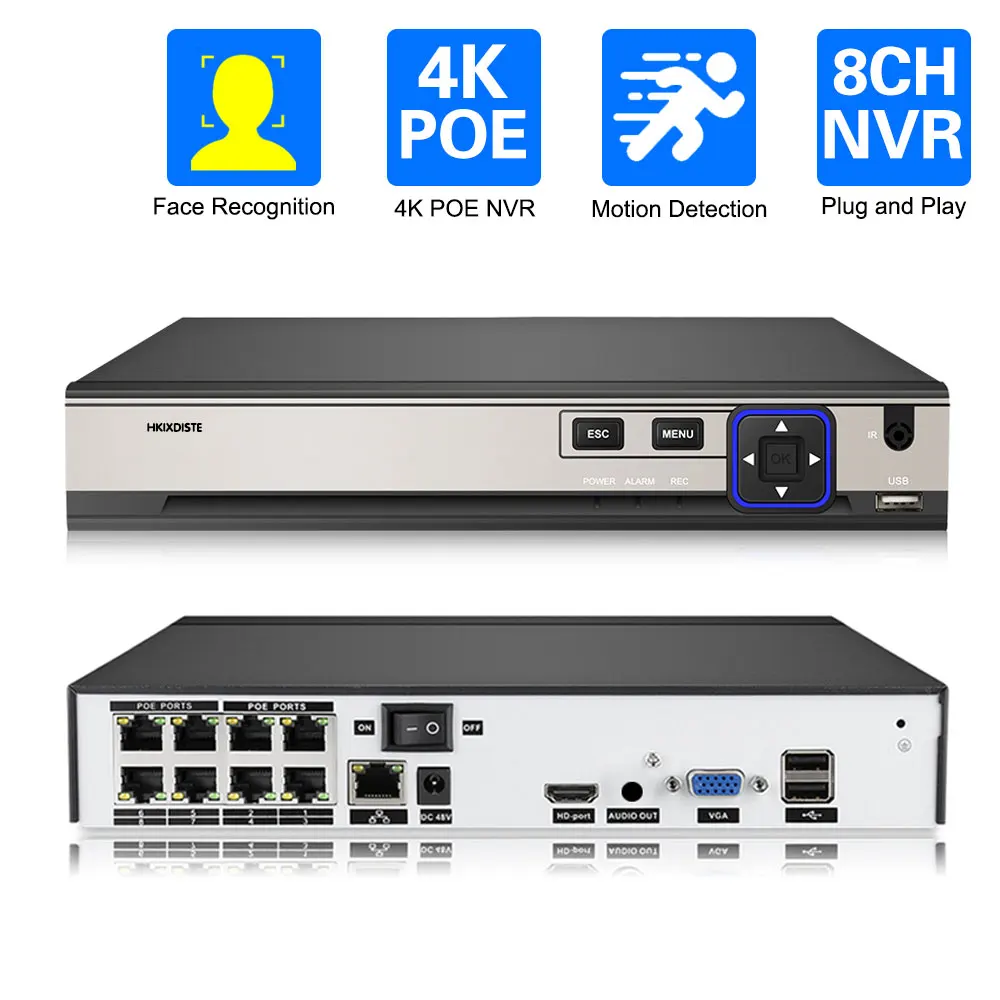 

H.265+ 8CH 48V POE NVR For IP Security Surveillance Camera CCTV System 5MP 8MP 4K Audio Video Recorder Face Detect Network P2P