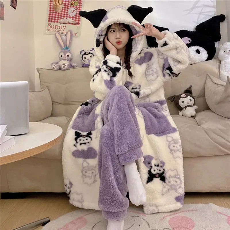 Kawaii Sanriod Anime Hobby Kuromi Pajamas for Women Autumn and Winter Coral Velvet Thickened Hooded Home Wear Pajamas Set
Kawaii Sanriod Anime Hobby Kuromi Pajamas for Women Autumn and Winter Coral Velvet Thickened Hooded Home Wear Pajamas Set