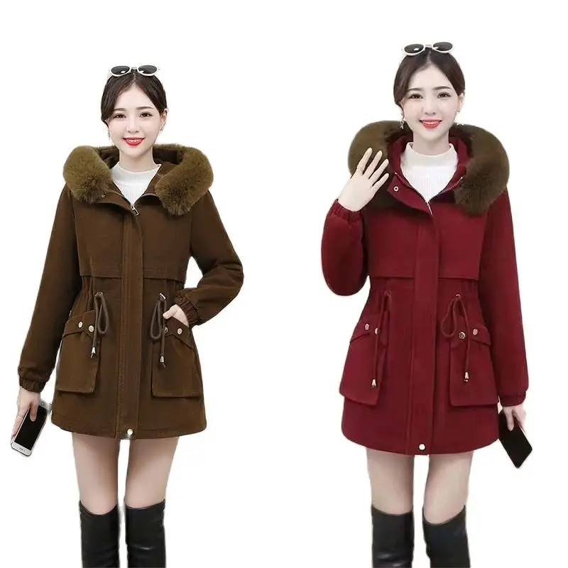 

Women Winter Add Thick Fleece Hooded Parka Medium Long Keep Warm Plush Lining Coat Female Snow Zipper Windbreaker Cotton Jacket