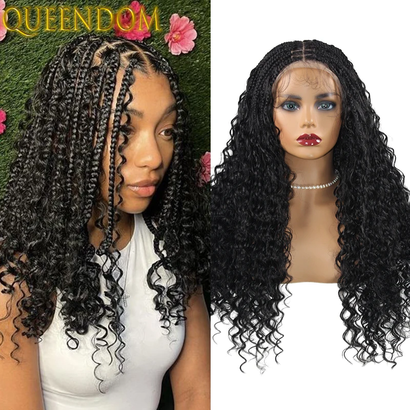 

24 Inch Full Lace Box Braided Wig Bohemia Braids Lace Frontal Goddess Faux Locs Wig with Curly Ends Knotless Braid Synthetic Wig