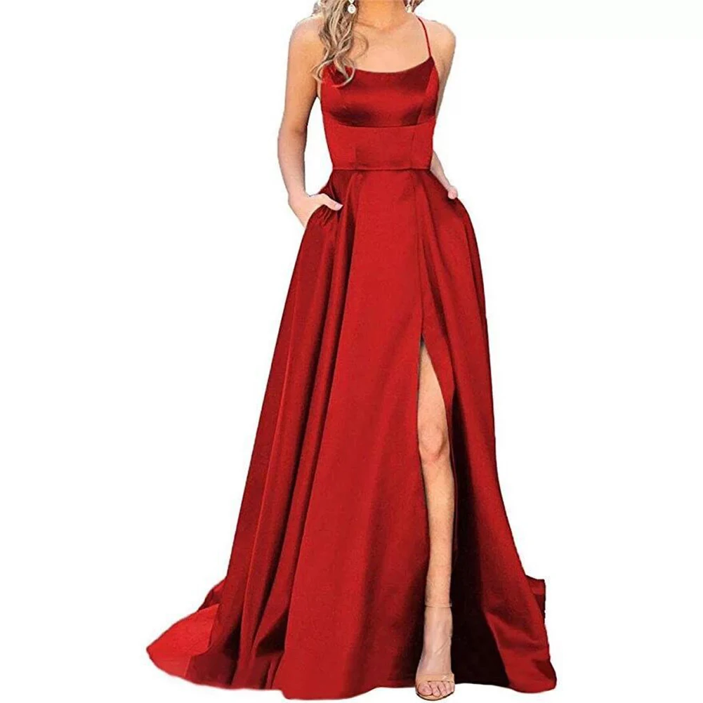 

Satin Evening Dress Dresses Elegant Long Dress Off Shoulder Party Sexy Silk Like Slim Fit Slit Dress Smooth Female