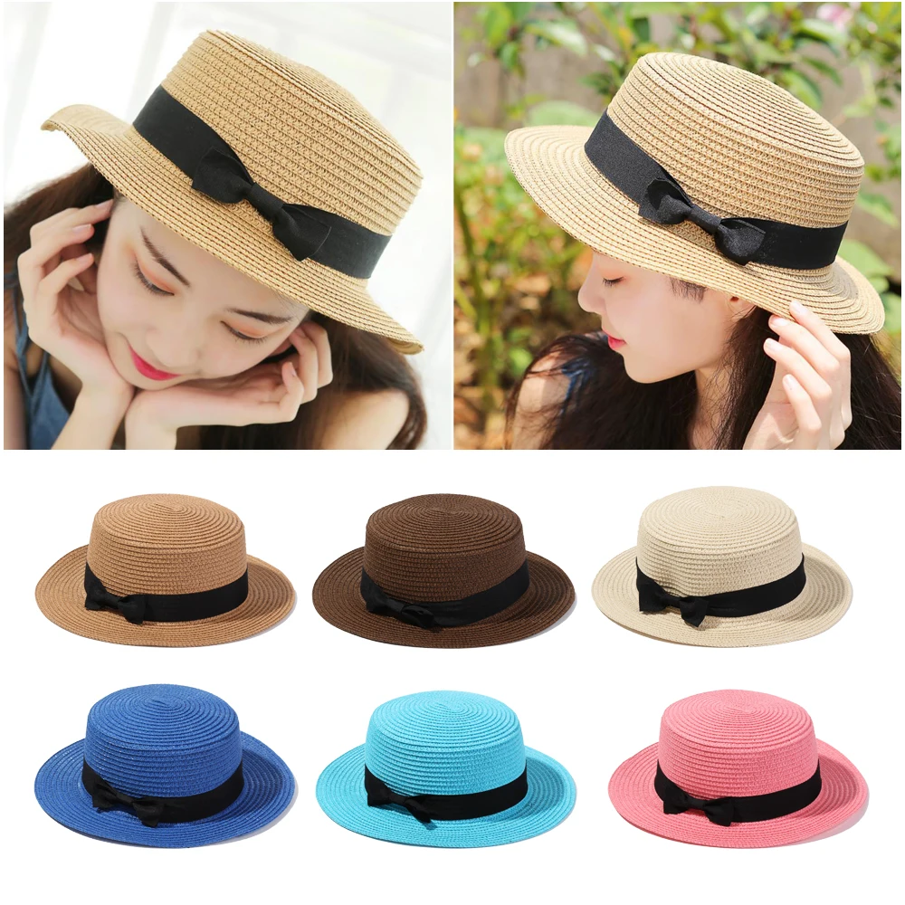 

For Women Girls Bowknot Visors Flat Brim Straw Cap Panama Beach Hat Sun Hat