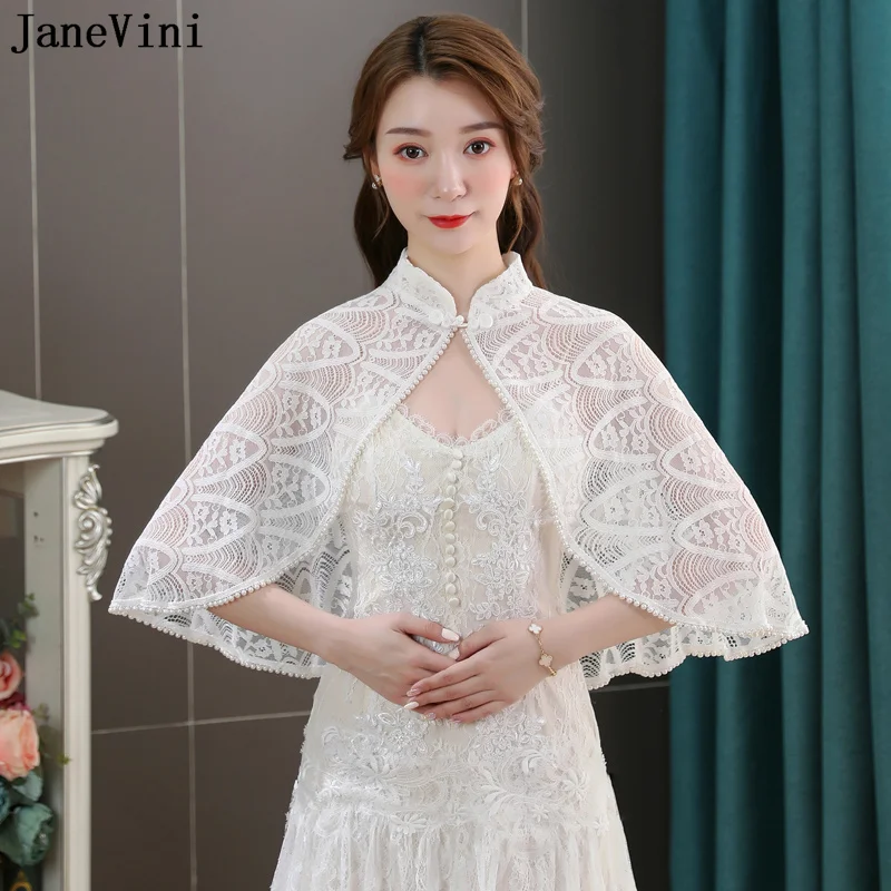 

JaneVini White Lace Bolero Women Jacket Pearls Edge High Neck Wedding Party Evening Dress Shrug Bridal Cape Wraps Cloak Stoles