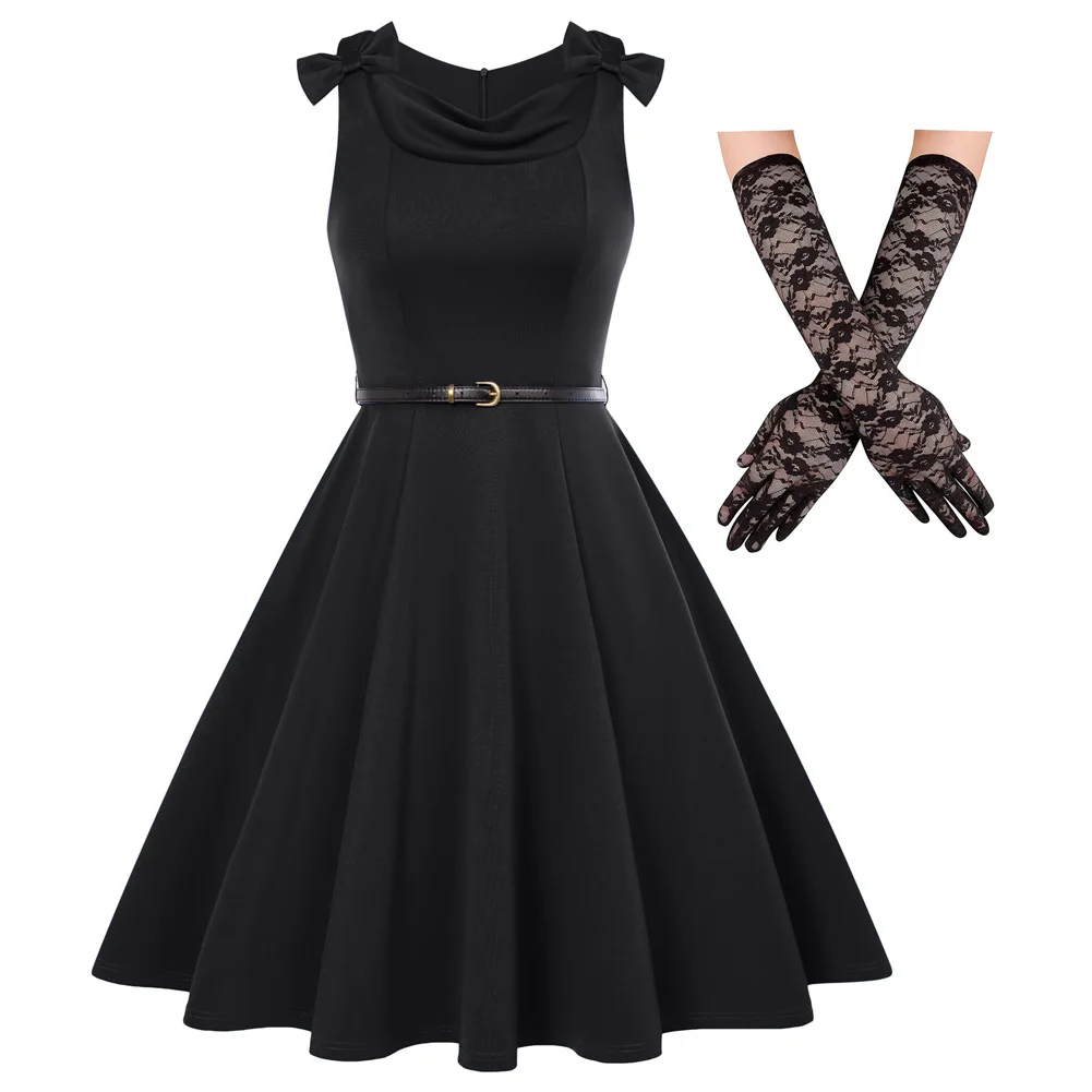BP Women Formal Occasion Dresses Vintage Bow-knots Cowl Neck Dress With Belt Sleeveless Flared A-Line Dress + Lace Gloves
BP Women Formal Occasion Dresses Vintage Bow-knots Cowl Neck Dress With Belt Sleeveless Flared A-Line Dress + Lace Gloves
