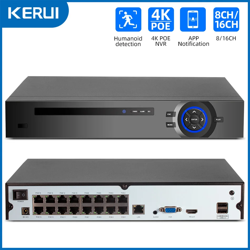 

KERUI 4K 16CH POE NVR H.265 NVR Видеорегистратор ONVIF Охранное видеонаблюдение 16 каналов для 4-мегапиксельной 6-мегапиксельной 8-мегапиксельной системы камер POE