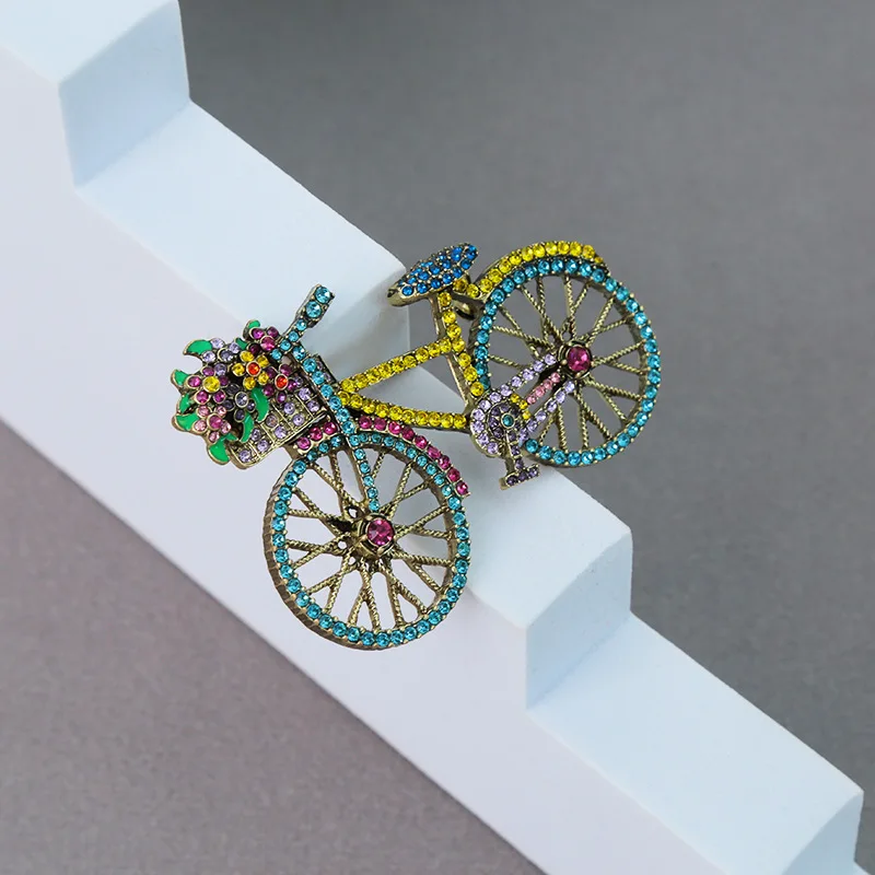 

New Fashion Vintage Light Luxury Heavy Industry High Quality Flower Basket Inlaid With Zircon Bicycle Brooch Women's Jewelry