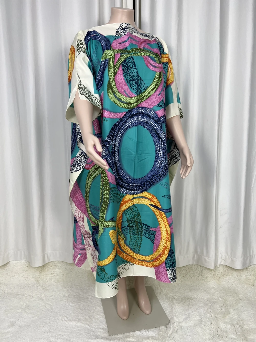 

African2024 Saudi Arabian Scarf Loose Print Silk Maxi Dress Summer Beach Bohemian Robe Kaftan Kimono Swimwear Short Sleeve c34