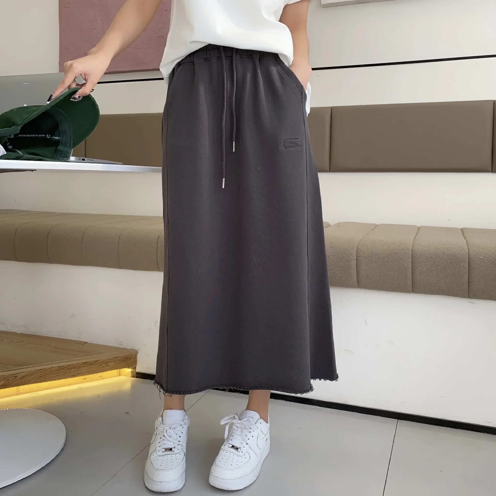 

2024 New Arrival Women's Cotton Terry Midi Skirt High Waist Pure Draw String Loose Casual Skirts Streetwear Drawstring C37
