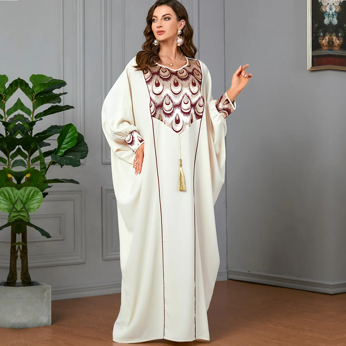 

Islam Eid Women Modest White Batwing Sleeve Jacquard Casual Dress Moroccan Saudi Women Abaya Turkish African Kaftan 2024