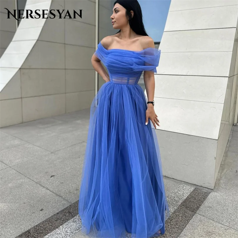 

Nersesyan Modern Blue Tulle Formal Party Gowns Off The Shoulder Pleats Party Dresses Sexy A Line Draped 2023 Vestidos De Fiesta