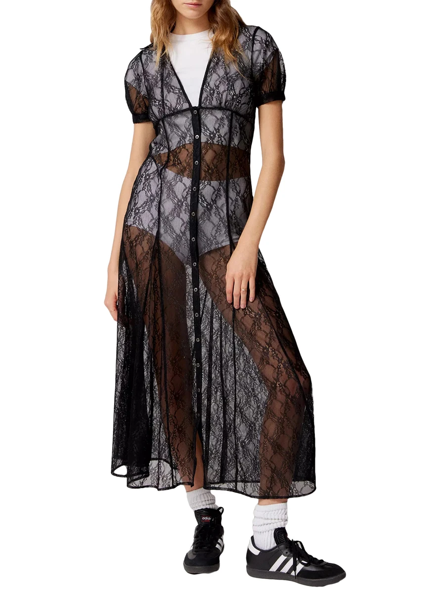 Women Midi Cocktail Dress Summer Black Short Sleeve V Neck Sheer Lace Floral Dress Sexy Mesh See Through Female Long Dresses
Women Midi Cocktail Dress Summer Black Short Sleeve V Neck Sheer Lace Floral Dress Sexy Mesh See Through Female Long Dresses