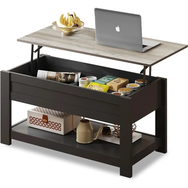 

Modern Rustic Coffee Table with Storage Shelf and Hidden Compartment,Wood Lift Tabletop for Home Living Room,Black.