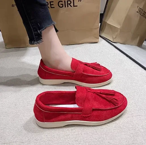 Womens Flock Thick Bottom Driving Shoes Round Toe Flock Tassel White Sole Soft Moccasines In Green Black Wide Fits Slip-On 35-45 Womens Flock Thick Bottom Driving Shoes Round Toe Flock Tassel White Sole Soft Moccasines In Green Black Wide Fits Slip-On 35-45