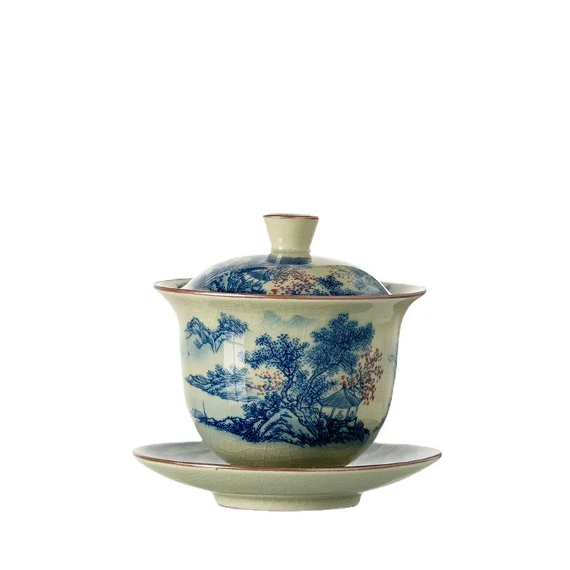 

Landscape Ceramic Opening Gaiwan for Tea Tureen, Teaware Cup, Chinese Tea Bowls, Vintage Blue Chawan, Tea Ceramony Set