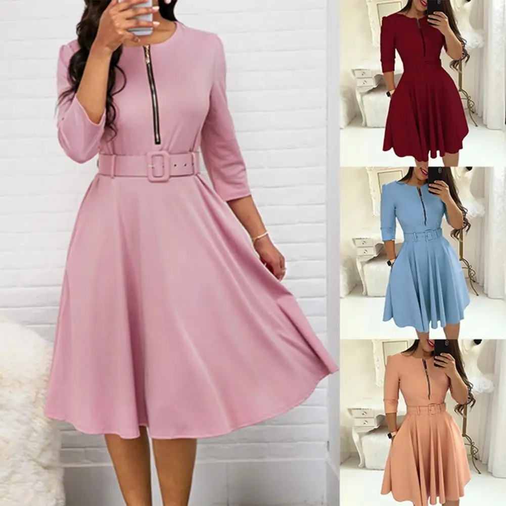 

Women Spring Dress Three Quarter Sleeves Solid Color with Belt Tight Waist A-line Dress-up Knee Length Zipper Lady Fall Dress