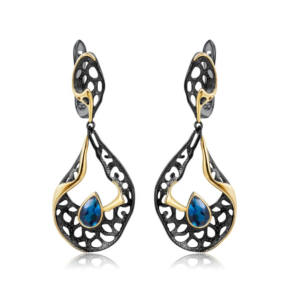 

Natural London Blue Topaz Gemstone Gold Plated Wholesale 925 Sterling Silver Korea Earrings Jewelry Set