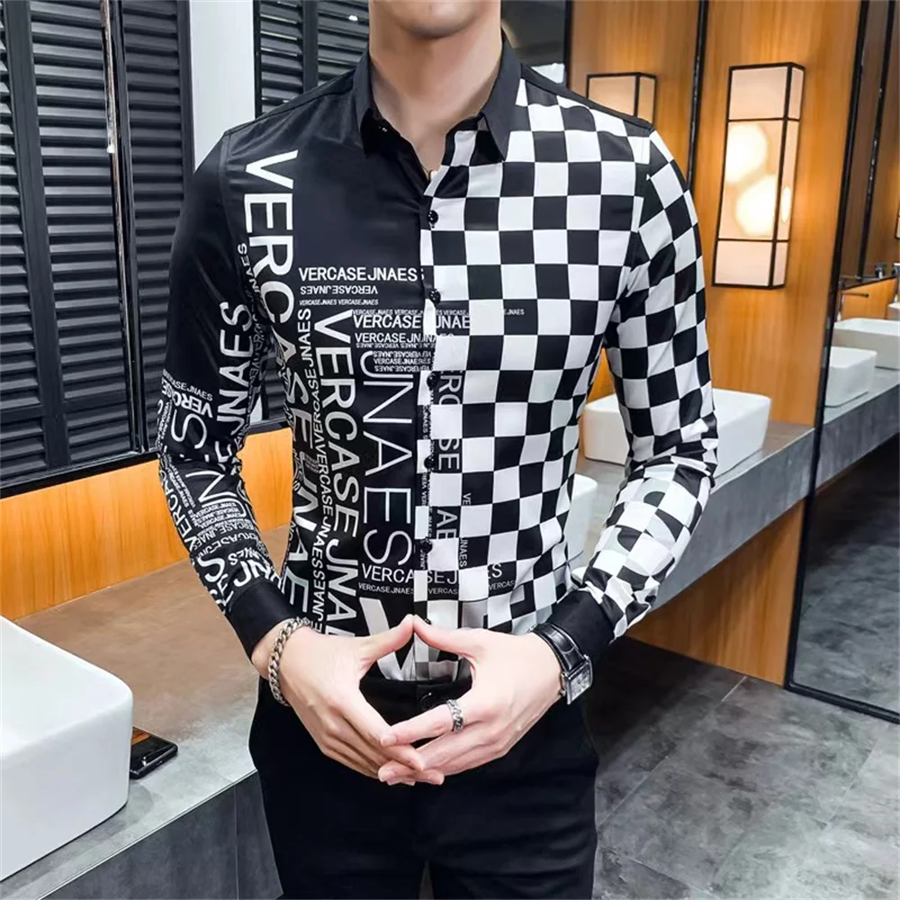 

2024 new letters Europe and the United States fashion men men's long sleeve shirt trend summer digital printed shirt asymmetrica