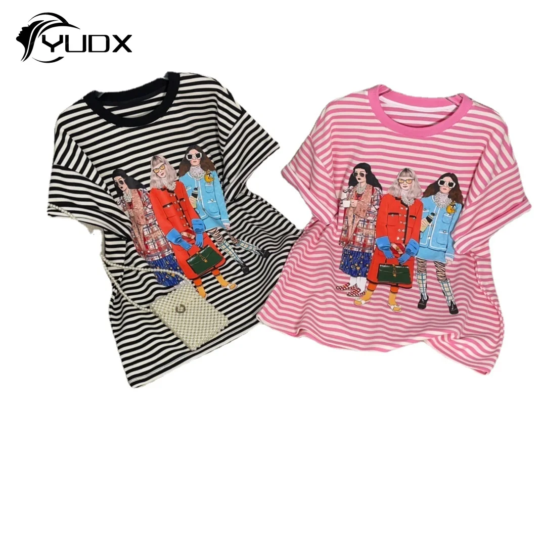 

YUDX Original High Street Spring Summer Short Sleeve T-shirt All-match Casual Stripes Cotton Tees Cartoon Printed Diamonds Tops