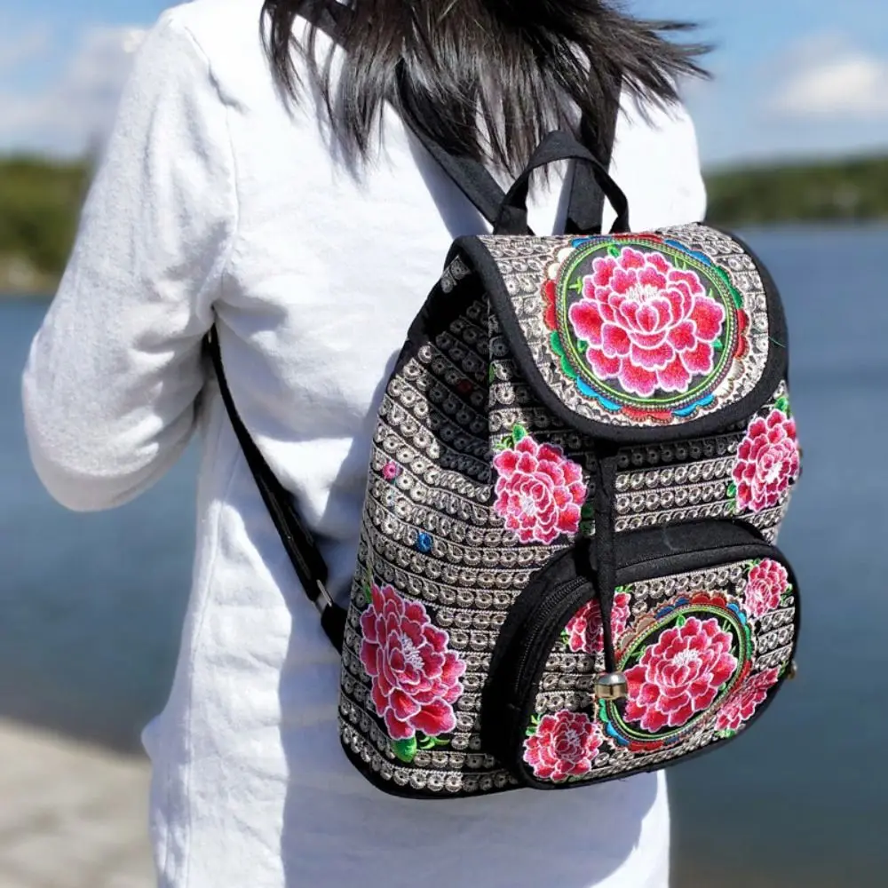 

Large Capacity Floral Embroidered Bags Fashion Canvas Ethnic Flower Shopping Tote Peony Bucket Bag Female