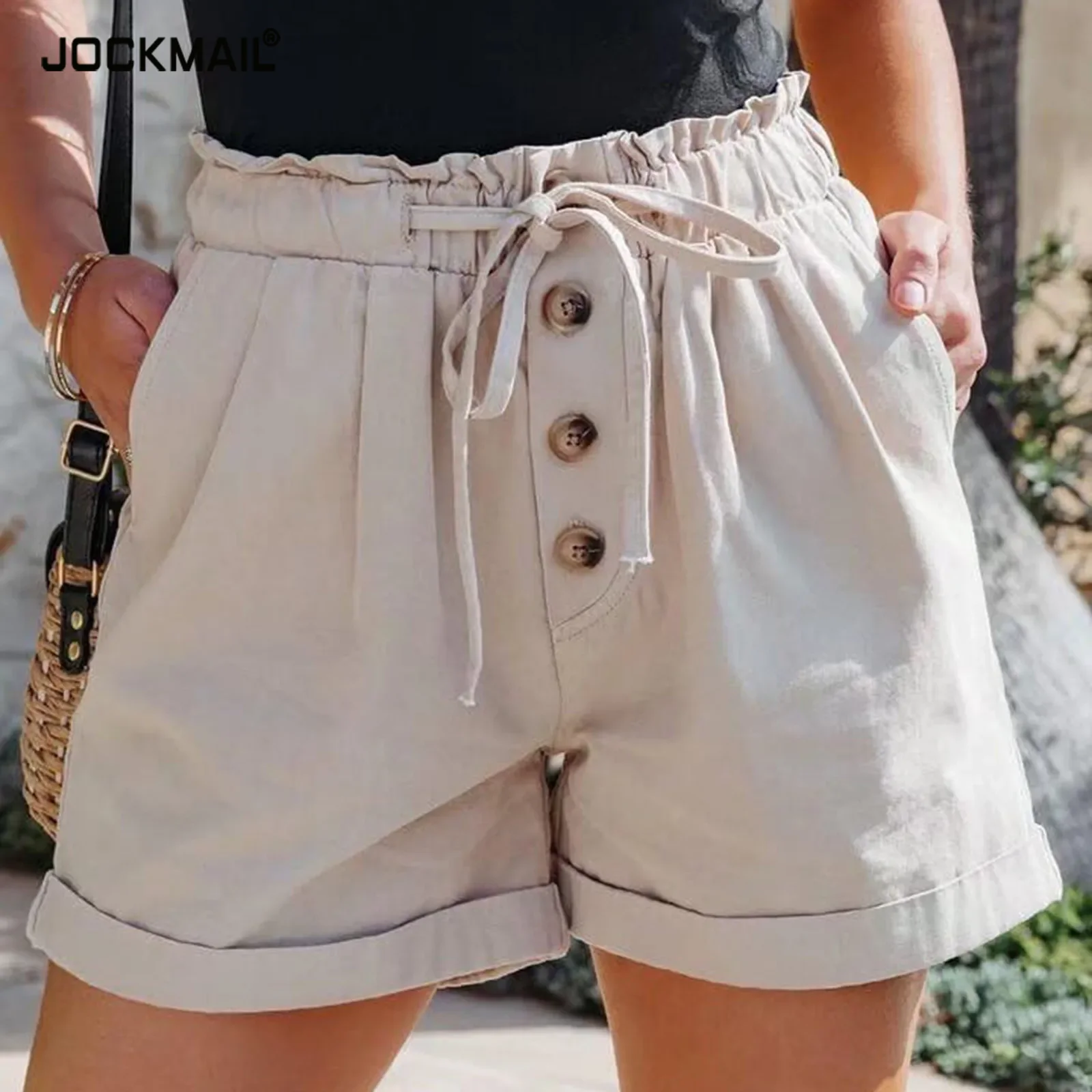 

Summer Cotton Linen Shorts For Women Trendy High Elastic Waisted Ruffle Trunks Drawstring Double Pocket Shorts Classic Bottoms