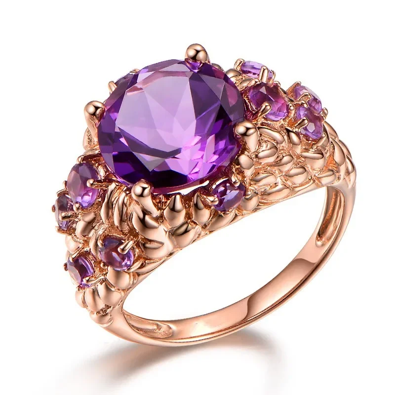 

Luxury Natural Amethyst Ring Female 14K Rose Gold Bague Etoile Gemstone Anillos De Ring Bizuteria Agate Diamante Rings for women