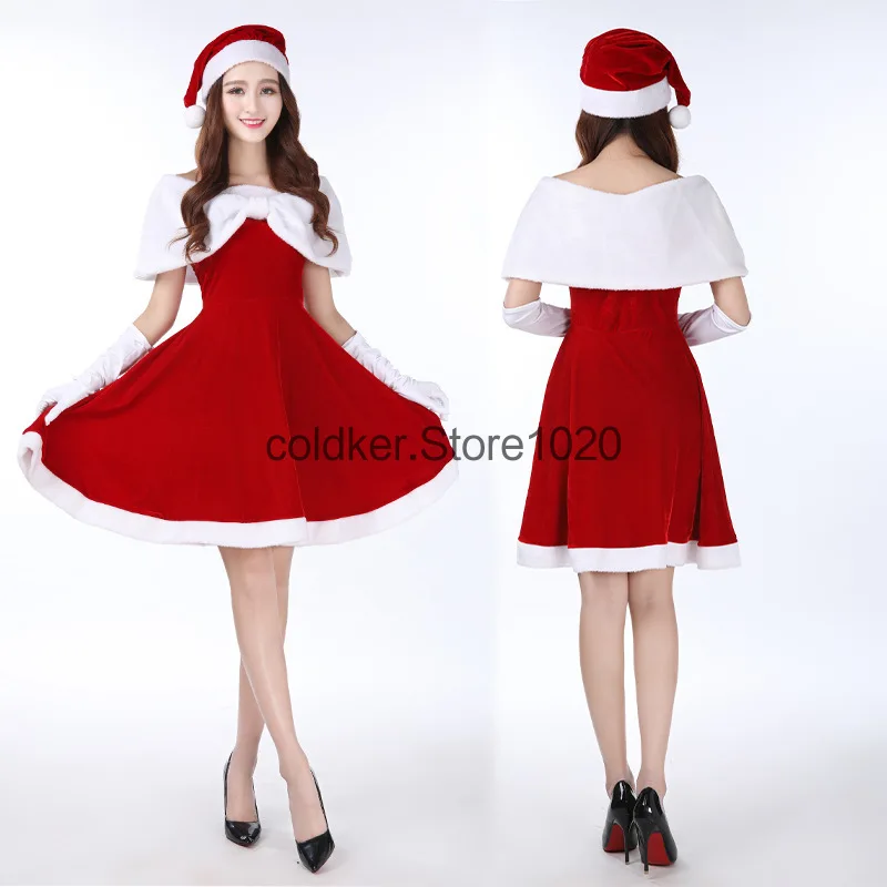 

Женские Новогодние рождественские платья, костюм для взрослых, женское маскарадное платье, рождественское зимнее красное платье для косплея с шапкой