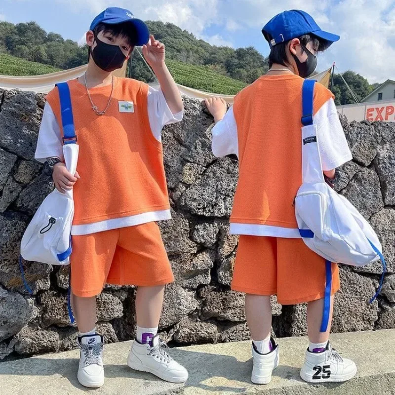 

2024 Summer Kids Short Sleeve T-shirt Shorts Sport Casual Outfits Set with Pants for Teenage Boy Clothing 2pc Boys Clothes Set