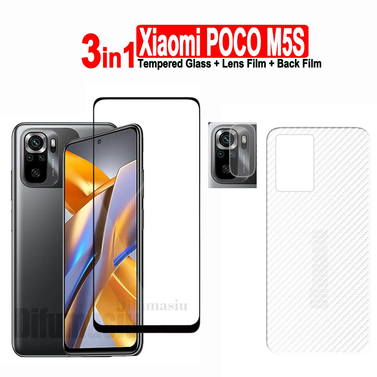 3in1 For Xiaomi POCO M5S Tempered Glass Film Screen Protector + Camera Lens Film+ Carbon Fiber Back Film
3in1 For Xiaomi POCO M5S Tempered Glass Film Screen Protector + Camera Lens Film+ Carbon Fiber Back Film