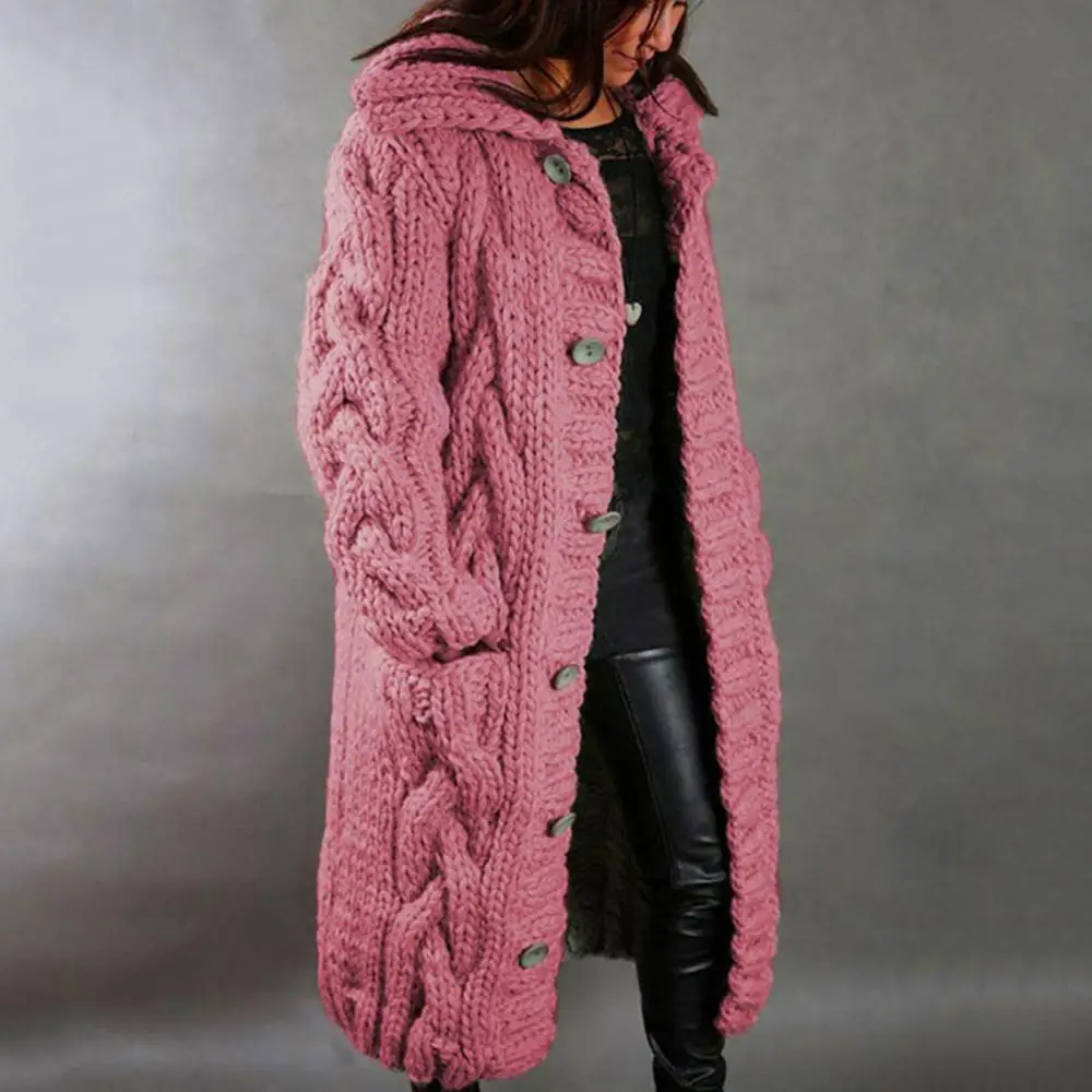 Coat Knitted Cardigan Warm Hood Buttons Long Sleeve Women Winter Twist Pocket Hooded Coat
Coat Knitted Cardigan Warm Hood Buttons Long Sleeve Women Winter Twist Pocket Hooded Coat