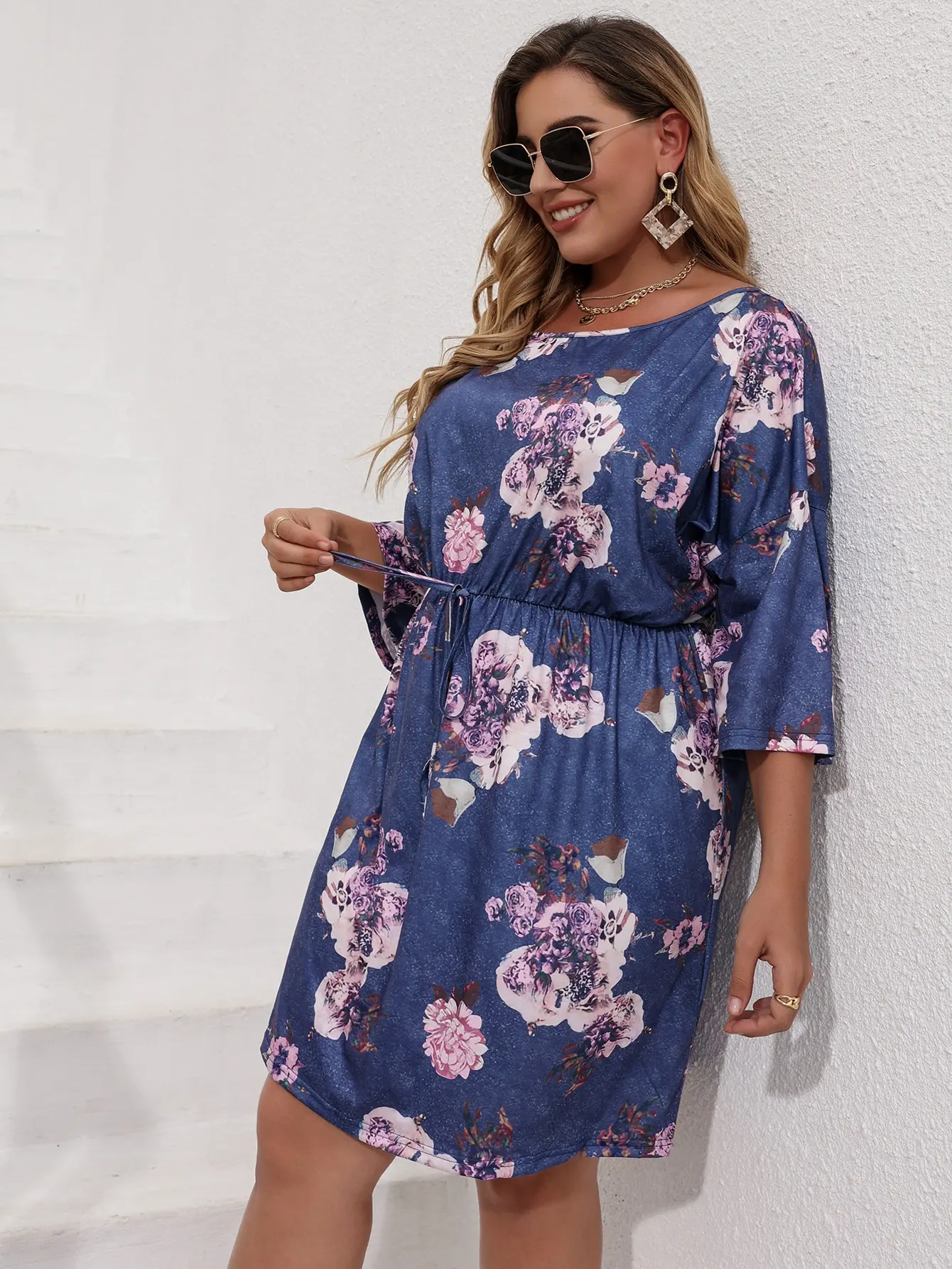 

Finjani Plus Size Women's DressesFloral Print Dolman Sleeve Belted Dress Casual Clothing For Autumn New