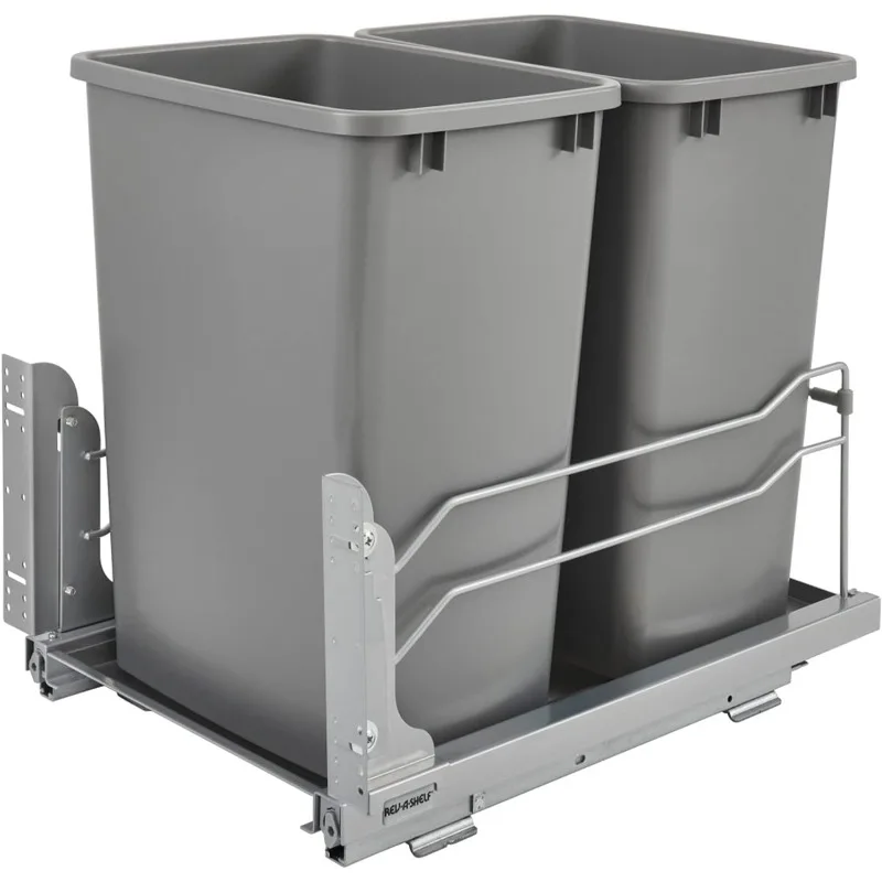 

Rev-A-Shelf Double Pull-Out Trash Can for Under Kitchen Cabinets 35 Quart 8.75 Gallon with Soft-Close Slides, Metallic Silver