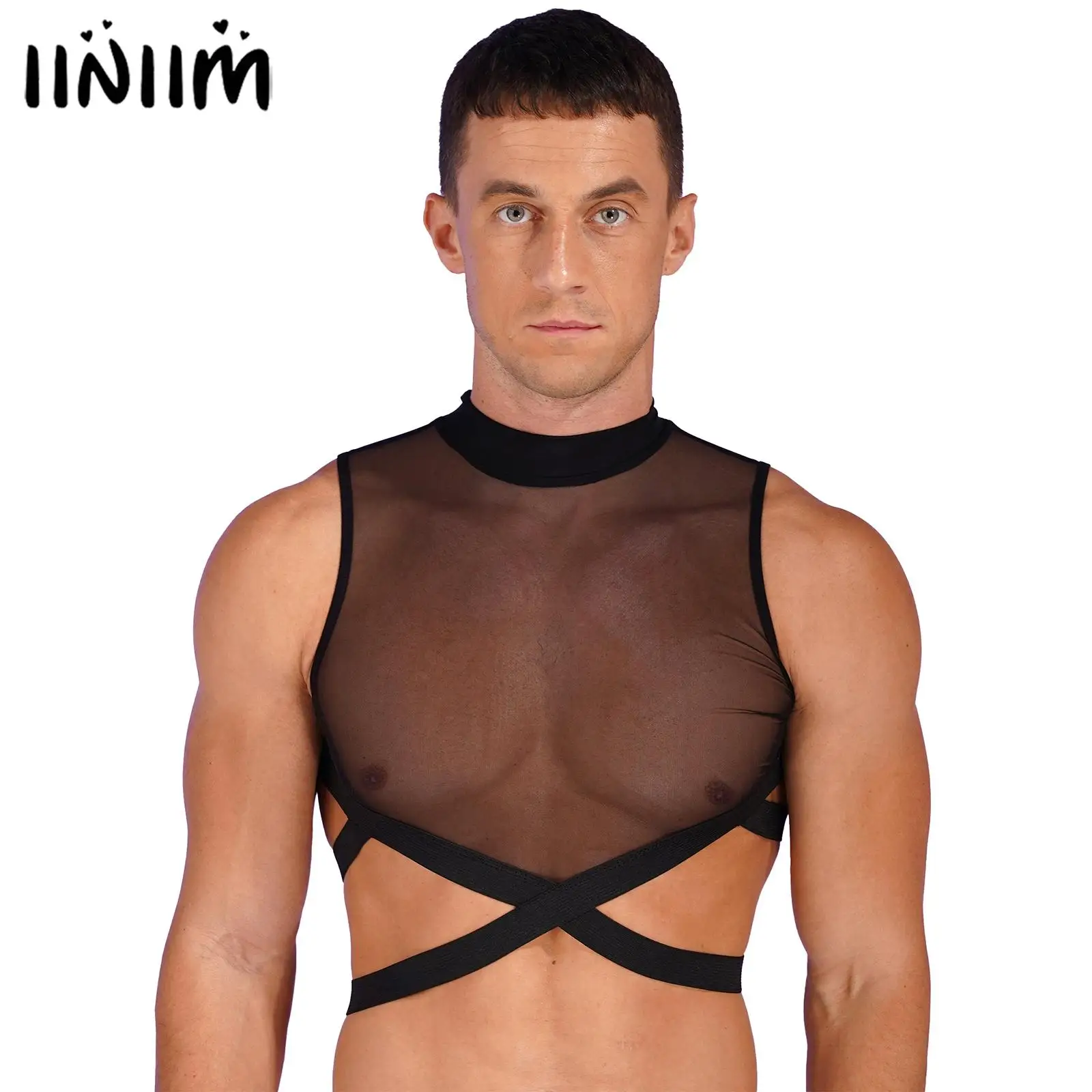 

Mens Sleeveless Round Neck Sheer See-through Mesh Crop Top Solid Sexy Lingerie Zipper Back Elastic Strappy Criss Cross Vest