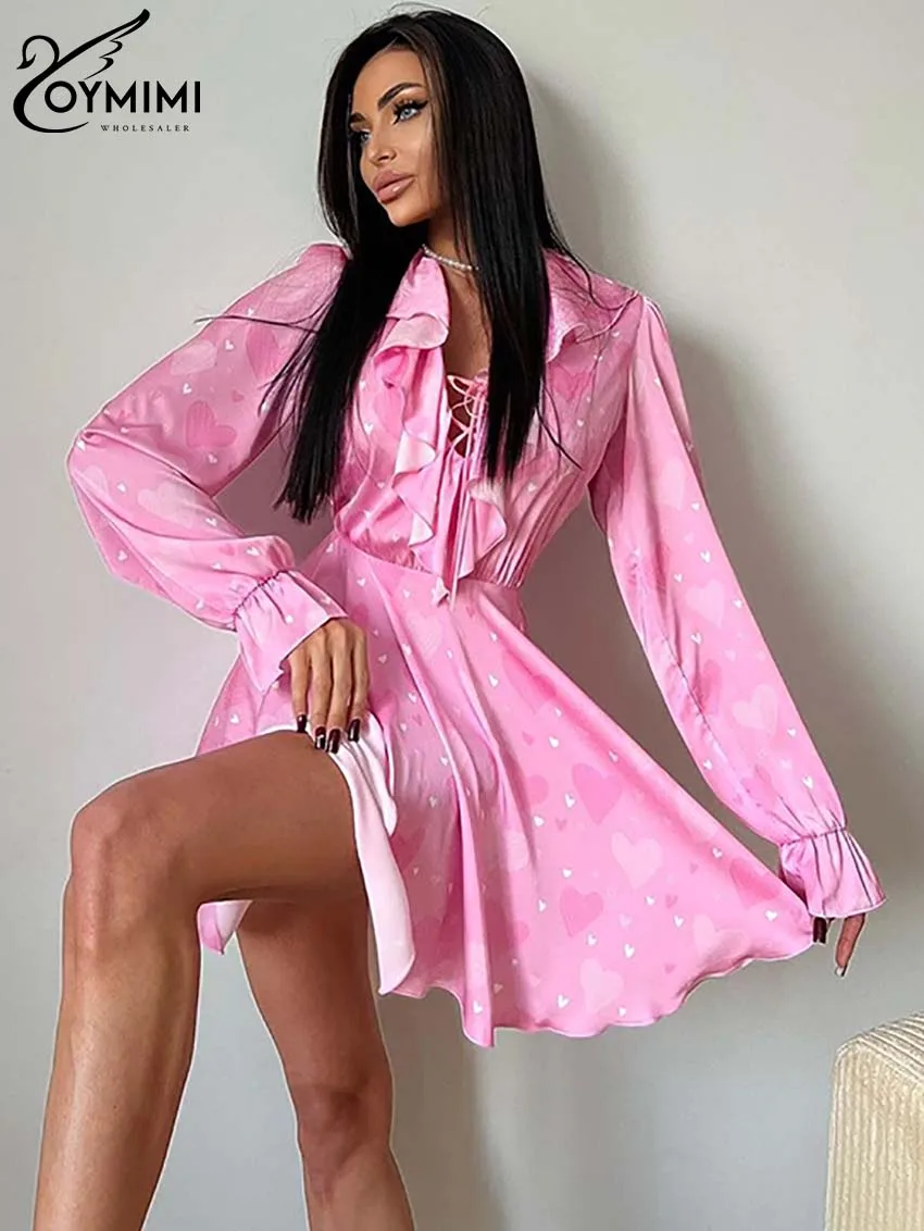 

Oymimi Fashion Pink Print Womens Dresses Casual Long Sleeve Lace-Up Ruffled Dresses Elegant High Waisted Mini Dress Streetwear