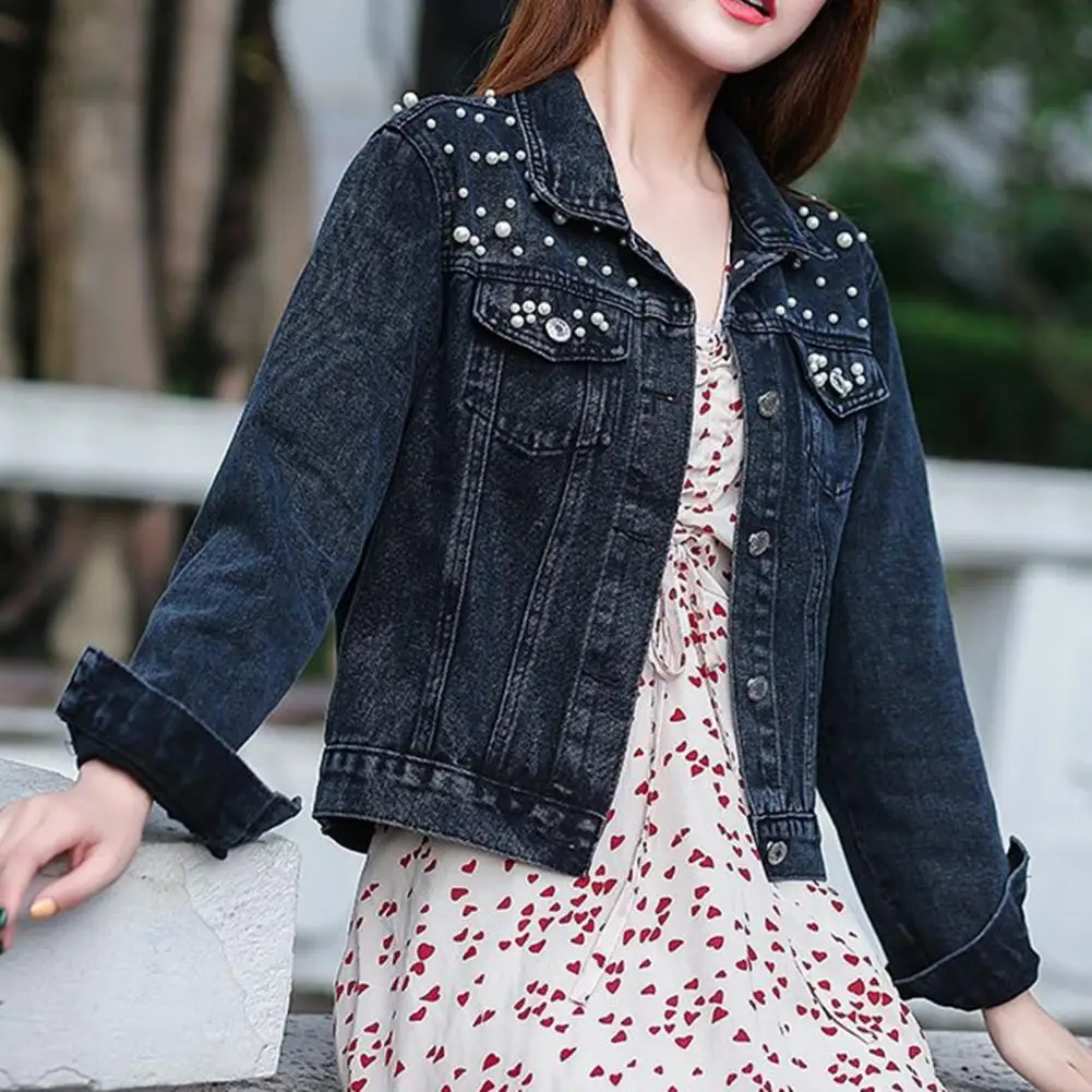 Women Denim Jacket Solid Color Single-breasted Short Beads Decor Long Sleeve Cardigan Imitation Pearl Denim Coat Jaqueta Casaco
Women Denim Jacket Solid Color Single-breasted Short Beads Decor Long Sleeve Cardigan Imitation Pearl Denim Coat Jaqueta Casaco