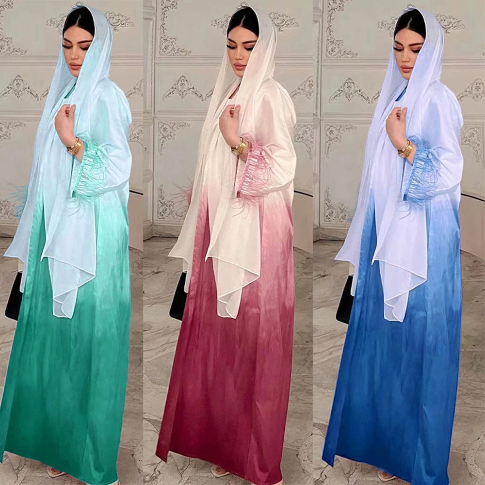 

Кимоно женское розовое/зеленое/синее из 2 предметов, атласная абайя, двусторонний костюм с перьями в мусульманском стиле, ИД-наряд
