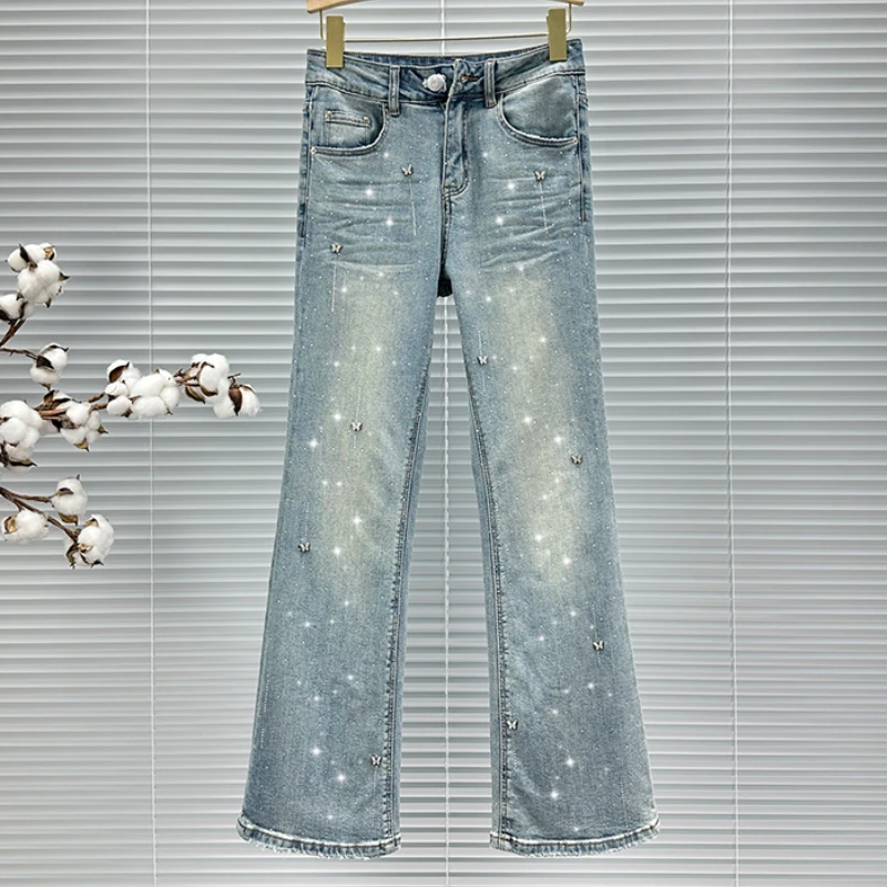 

Fashion Jeans Women Ins Hot Rhinestone Bootcut Trousers 2024 New Spring and Summer Clothing High Waist Slim Fit Flared Pants