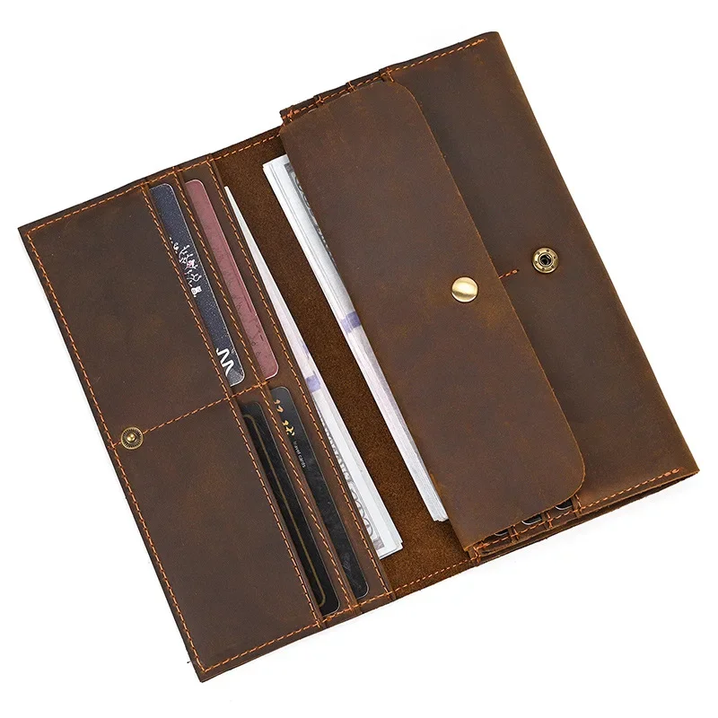 

Crazy Horse Leather Long Wallet Two-fold Card Holder for Men Vintage Genuine Leather Clutch Wallet