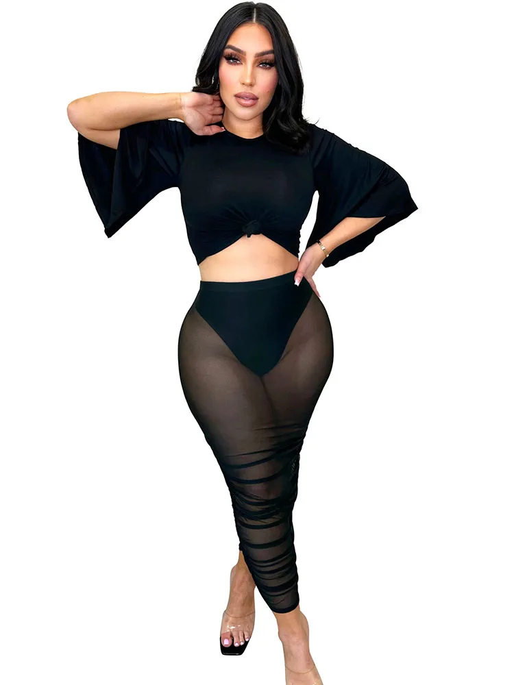 

Szkzk Sexy Mesh Two Piece Clubwear Set Party Ruffles T-Shirt Tops And Skirts See Through Night Club Outfits Women Bodycon Sets