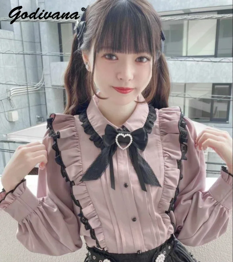

Rojita Sweet Doll Collar Bow Lace Shirt Lolita Girls Japanese Style Blouse Tops Long Sleeve Lace Ruffled Blouse Camisas De Mujer