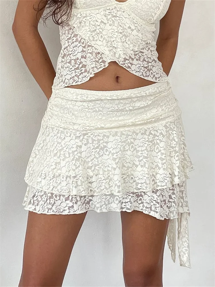 

CHRONSTYLE Women Lace Mini Skirts Flower Embroidery Frill Layered Low Waist Irregular Hem Short Skirt Summer Party Clubwear 2024