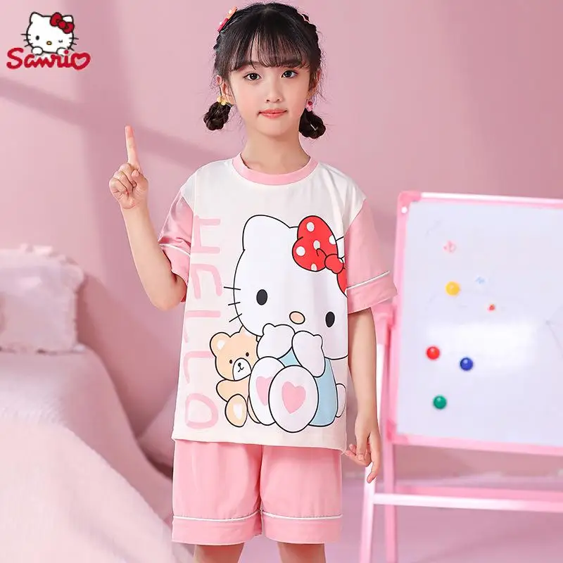 

Sanrios Kids Y2K Hello Kitty Short Sleeve Pajamas Set Cinnamoroll Kuromi Cartoon Casual Summer Homewear Cute Nightwear Girl Gift