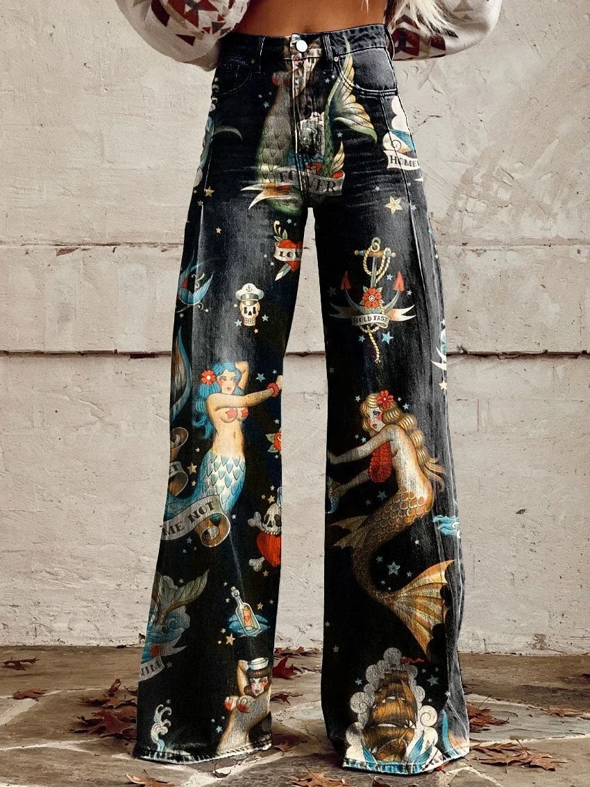 

2024 cross-border hot selling hot-selling printed imitation jeans new loose casual versatile high-waisted wide-leg pants loose