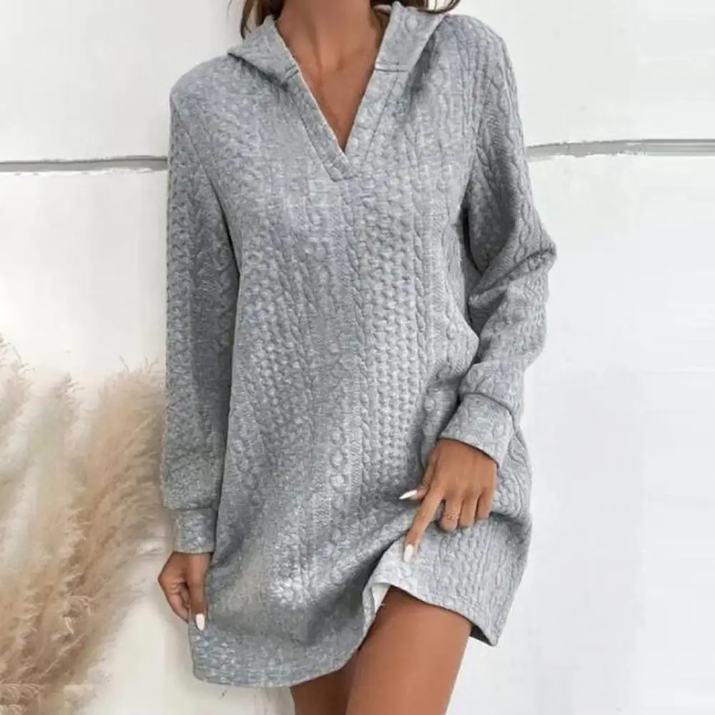 

Long Sleeve Mini Dress Cozy Hooded V-neck Women's Dress with Applique Detailing Long Sleeve Pullover Above Knee Length for Fall