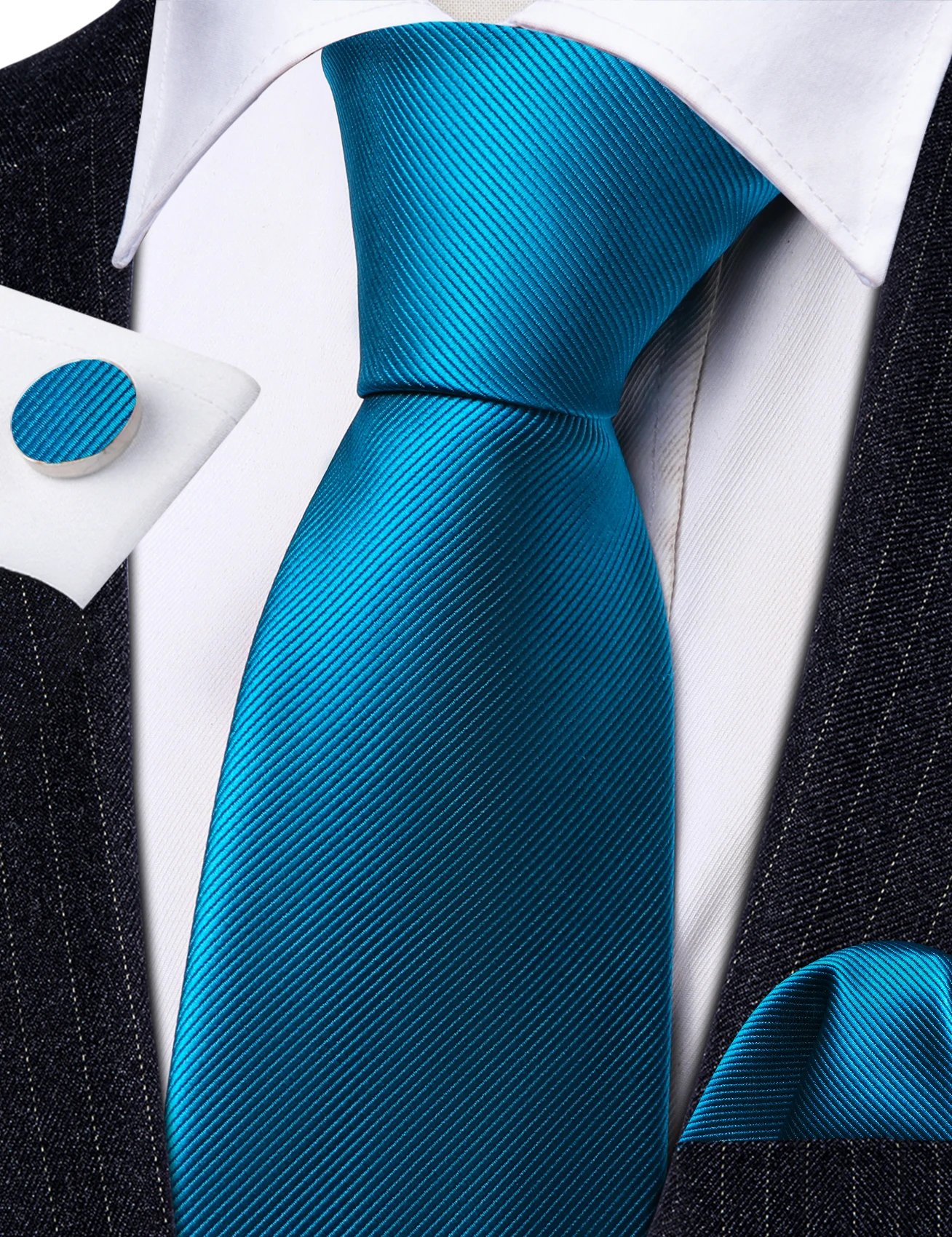 

Barry.Wang Teal Men Tie Silk Solid Sets Fashion Formal Woven Necktie Handkerchief Cufflinks Sets Designer Party Leisure LN-6474