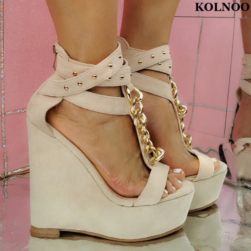

Kolnoo New Classic Style Real Photos Ladies Wedges Heels Sandals Rivets Spikes Chains Deco Night Club Evening Fashion Prom Shoes